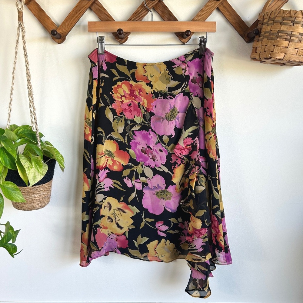 Acorn 100% Silk Floral Ruffle Midi Skirt Black Pink Yellow Size 10 Garden